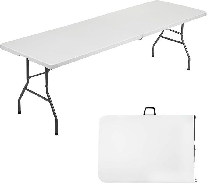 FDW 8 Foot Outdoor Dining Table, Foldable Portable Rectangular Plastic Folding Table with Built in Carrying Handle for Party and Wedding Use, White