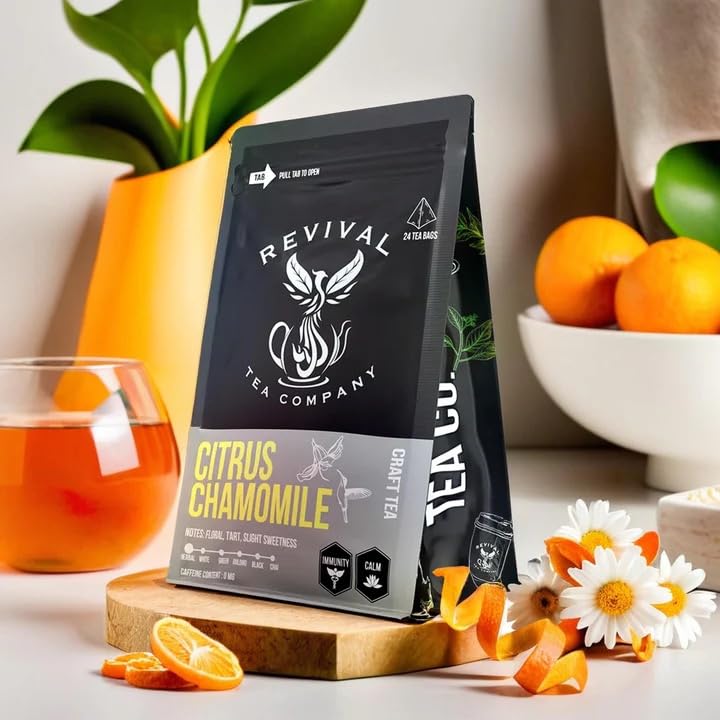 Revival Tea Company Citrus Chamomile Tea - Herbal Tea Blend of Chamomile Flowers and Orange Peel - Caffeine Free - 24 Tea Bags