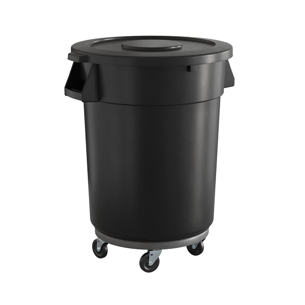 32 Gallon Black Round Commercial Trash Can with Lid and Dolly