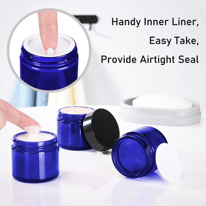 Bumobum 2 oz Glass Jars with Lids, 48 pack Blue Round Small Containers with Black Lids, Blank Labels & Inner Liners