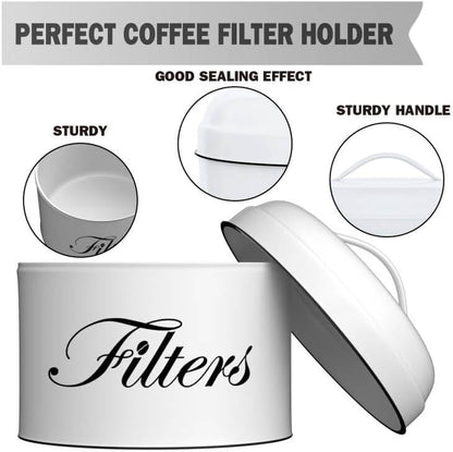 Coffee Filter Holder, White Basket Coffee Filter Storage with Lid, Round Coffee Filter Container for Counter, Rustic Farmhouse Coffee Bar Accessories Decor (White)