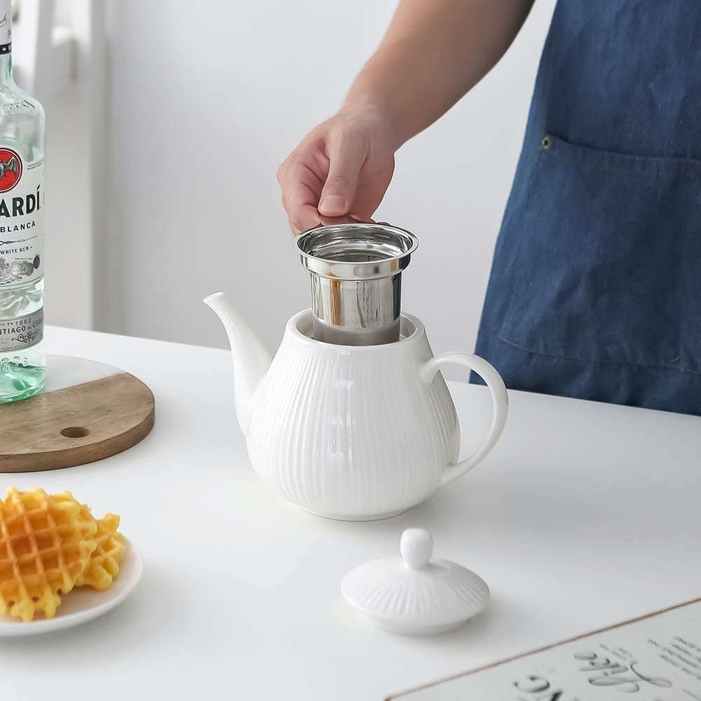 Koov Ceramic Teapot with Infuser, 40 ounce Tea Pot with Infuser for Loose Tea, Large Enough For 6 Cups, Tea Kettles, Non-Electric (Cream)