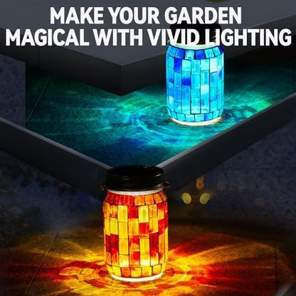 VOREEN Solar Powered Mosaic Mason Jar Lights, Colorful Stained Glass Lanterns for Outdoor Garden Decor, 2 Pack (Orange and Blue)