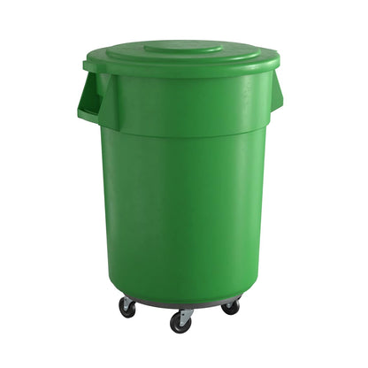 55 Gallon Green Round Commercial Trash Can with Lid and Dolly