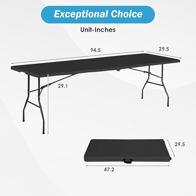 PayLessHere Folding Table Plastic Picnic Table for Parties Wedding Camping Office with Carrying Handle (Black, 8 FT)