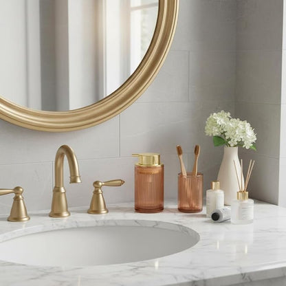 Foaming Soap Dispenser, 12 Oz Thick Glass Foam Hand Soap Dispenser, Refillable Glass Foam Pump Bottle Container Decorative Slim Ribbed Bottle for Bathroom and Kitchen (1, Brown Gold)