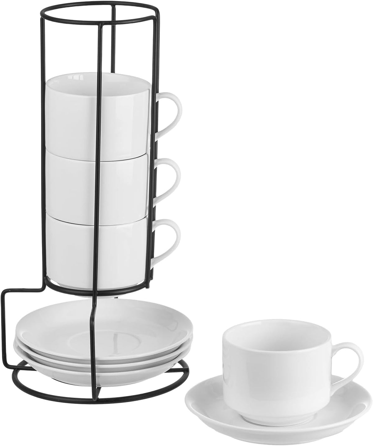 YOLIFE 8oz Porcelain Stackable Cappuccino Cups with Saucers and Metal Stand Set of 4, Coffee cups for Espresso, Specialty Coffee Drinks, Latte, Americano and Tea - White