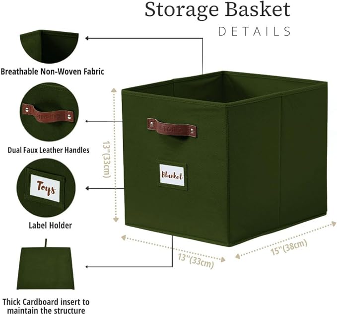 DECOMOMO Storage Baskets, 13x15x13 Storage Cube Bins with Labels for Organizing Shelves Kallax (Kallax / 4pcs, Olive Green)