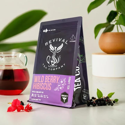 Revival Tea Company Wild Berry Hibiscus Tea - Herbal Tea Blend with Elderberry and Natural Wild Berry Flavor - Caffeine Free - 24 Tea Bags