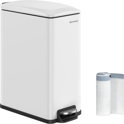 SONGMICS Slim Trash Can, 13-Gallon (50 L) Garbage Can for Narrow Spaces with Soft-Close Lid, Inner Bucket, and Step-on Pedal, Stainless Steel, 15 Trash Bags Included, White ULTB510W48