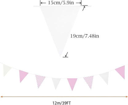 Zwiebeco 39Ft Pink White Dot Fabric Bunting Banner Triangle Flags Hanging Cotton Garland Pennant for Wedding Birthday Tea Party Nursery Home Outdoor Garden Decorations