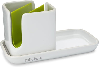Full Circle Stash, Ceramic Kitchen Sink Caddy, Stylish Modular Sponge Holder & Dish Brush Organizer, Green and White, 11"