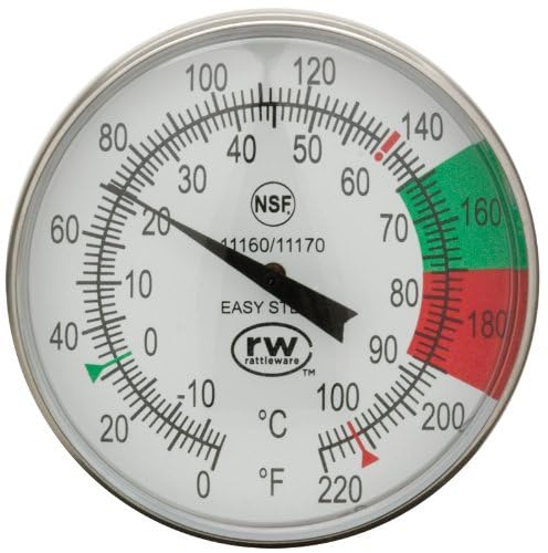 Rattleware 5-Inch Dial Thermometer Kit, Stainless Steel Easy Steam Probe with 1.75-Inch Dial NSF Approved Calibration Tool and Adjustable Clip for