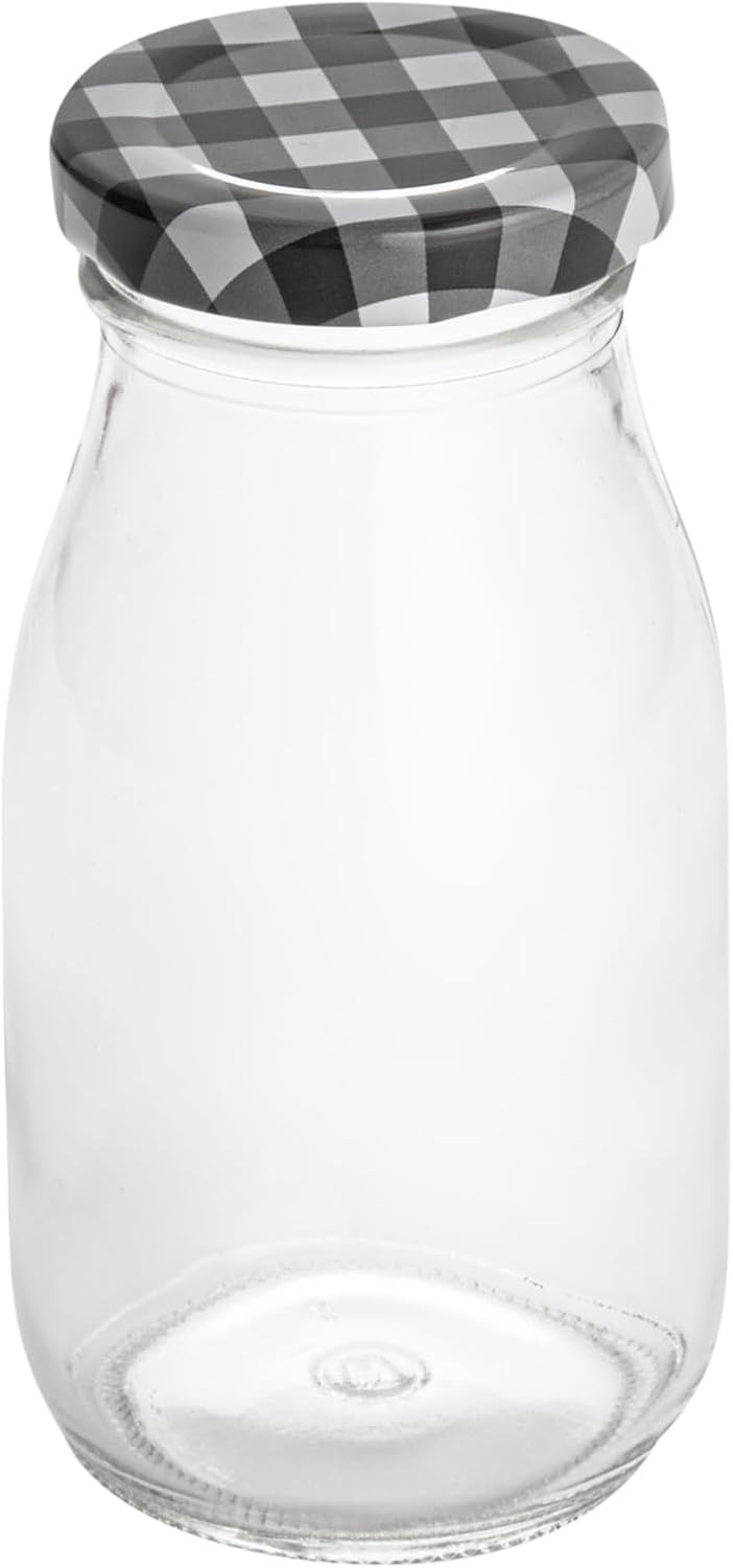 Restaurantware-French Countryside 6 Ounce Glass Bottles, 10 Durable Juice Bottles - With Black Plaid Lid, Dishwashable