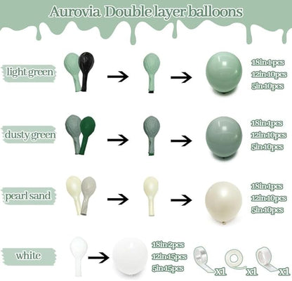 Sage Green White Balloon Garland, Double Stuffed Dusty Green Sand White Pearl Balloons Pastel Balloon Arch Kit for Baby Shower Birthday Bridal Wedding Gender Reveal Graduation Party Decorations