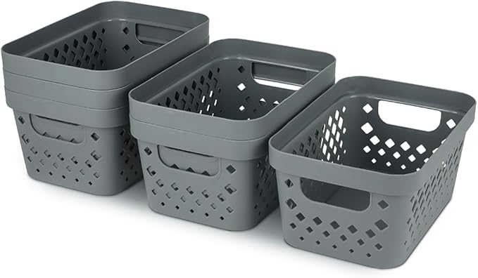Glad Plastic Baskets for Organizing, Set of 6 | Pantry Storage for Under Counter, Linen Closet, and Bathroom | Nesting Shelf Bins with Handles, 1 Gallon, Grey