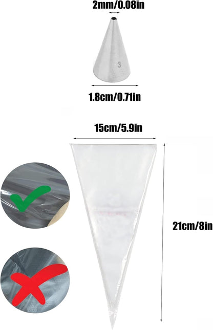 #3 Icing Tip and Bag Set – 3 Round Decorating Tips & 20 Disposable 8-Inch Piping Bags for Outlines, Dots, Writing & Detail Work