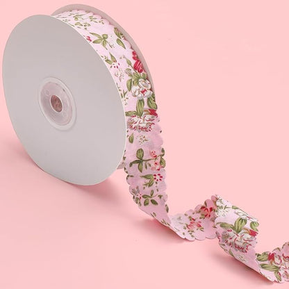 20 Yards Pink Floral Print Ribbon Vintage Flower Pattern Ribbon Spring Polyester Wavy Edge Fabric Ribbons with Spool for Sewing Making Craft Wedding Party Birthday Gift Wrapping Christmas