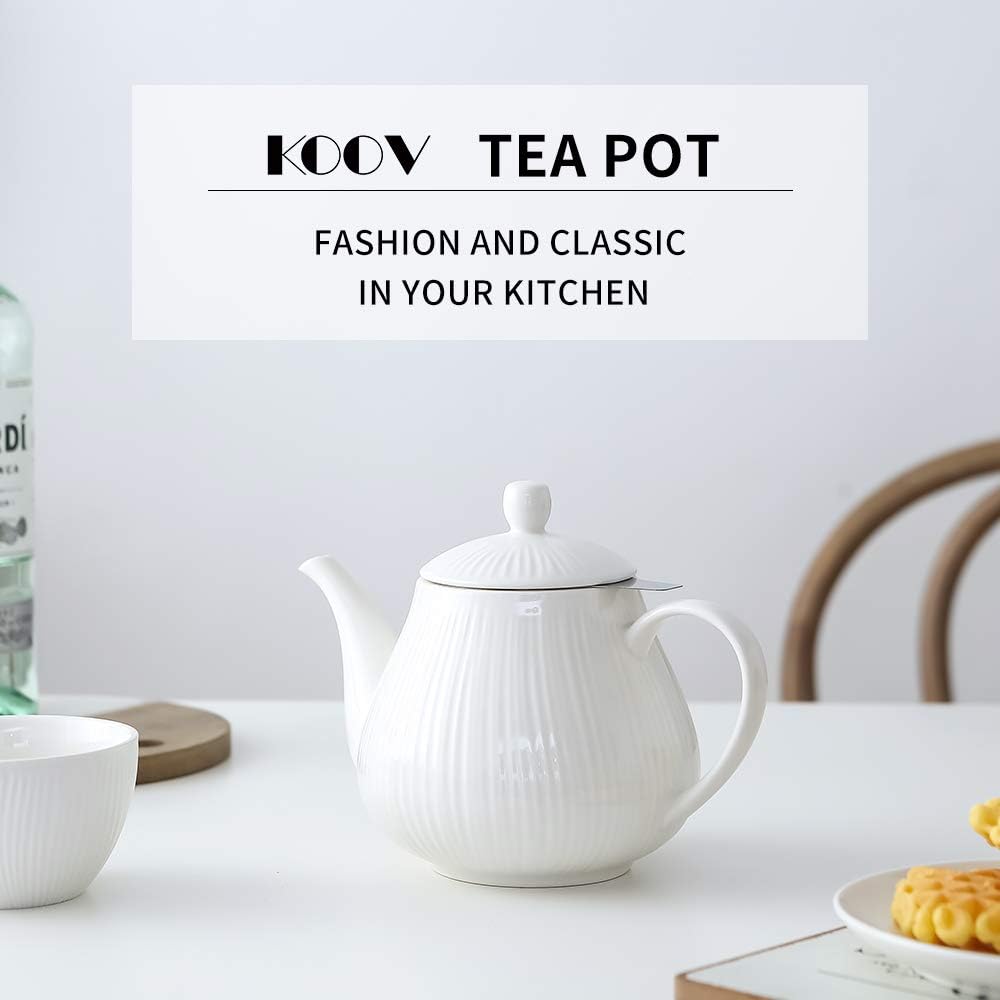 Koov Ceramic Teapot with Infuser, 40 ounce Tea Pot with Infuser for Loose Tea, Large Enough For 6 Cups, Tea Kettles, Non-Electric (Cream)