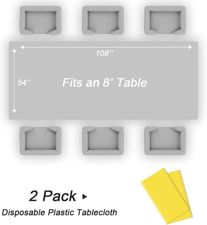 QIKSION Yellow Plastic Table Cloth Disposable 2 Pack, 54 x 108 Inch Tablecloths for Birthday Party, Easter Decorations, Rectangle Table Cover