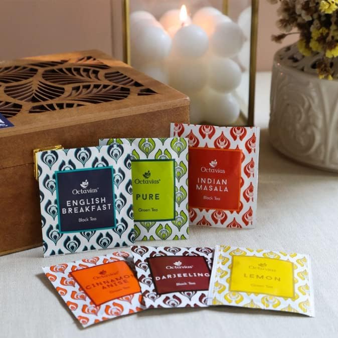 Octavius Tea Gift Set - Assorted Black & Green Tea Bags in Wooden Box, 6 Flavors, 90 Count, Premium Tea Sampler for Women & Men, Wellness Gift