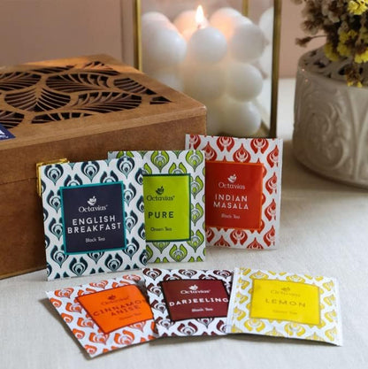Octavius Tea Gift Set - Assorted Black & Green Tea Bags in Wooden Box, 6 Flavors, 90 Count, Premium Tea Sampler for Women & Men, Wellness Gift