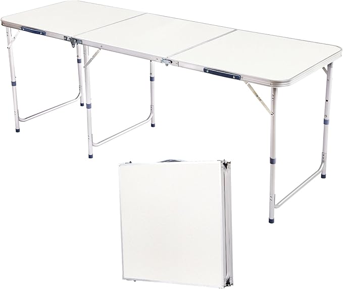 LeTinn 6FT Large Folding Camping Table, 3 Adjustable Heights Portable Aluminum Picnic Table – Heavy Duty Outdoor BBQ Table for 6-8 Person, White