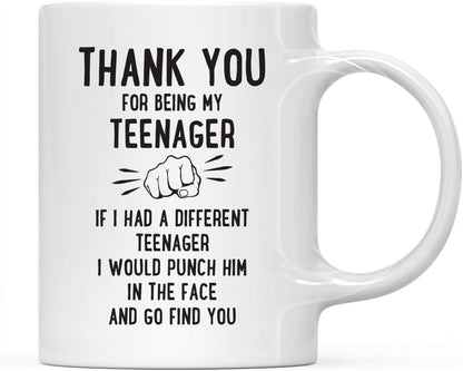 Andaz Press Funny Family 11oz. Coffee Mug Gift, Thank You for Being My Teenager, Punch in Face, 1-Pack, Christmas Birthday Drinking Cup Present Ideas