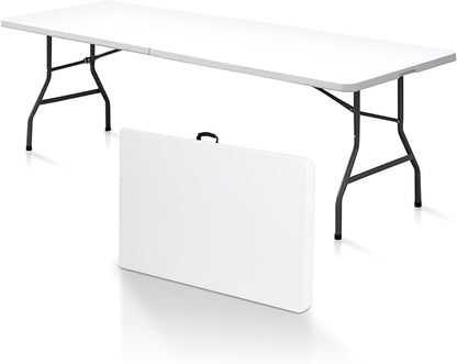 SUPER DEAL 8FT Folding Picnic Table for Indoor Outdoor, Portable Fold-in-Half Plastic Dining Camping Party Table with Carrying Handle