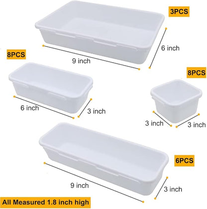 BOPART 25pcs Drawer Organizer Trays for Makeup Jewelries or Gadgets Storage Bins Interlocking for Office, Bedroom Dresser, Bathroom Vanity, Kitchen Junk Drawers Organization - White