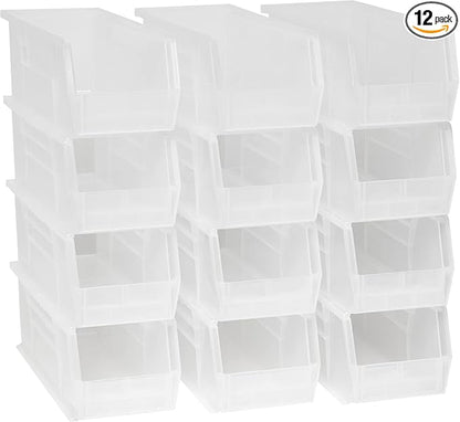 Akro-Mils 30234 AkroBins Plastic Storage Bins, Space-Saving Stackable Bins for Garage, Pantry, Craft Organization, 15" x 5" x 5", Clear, 12-Pack