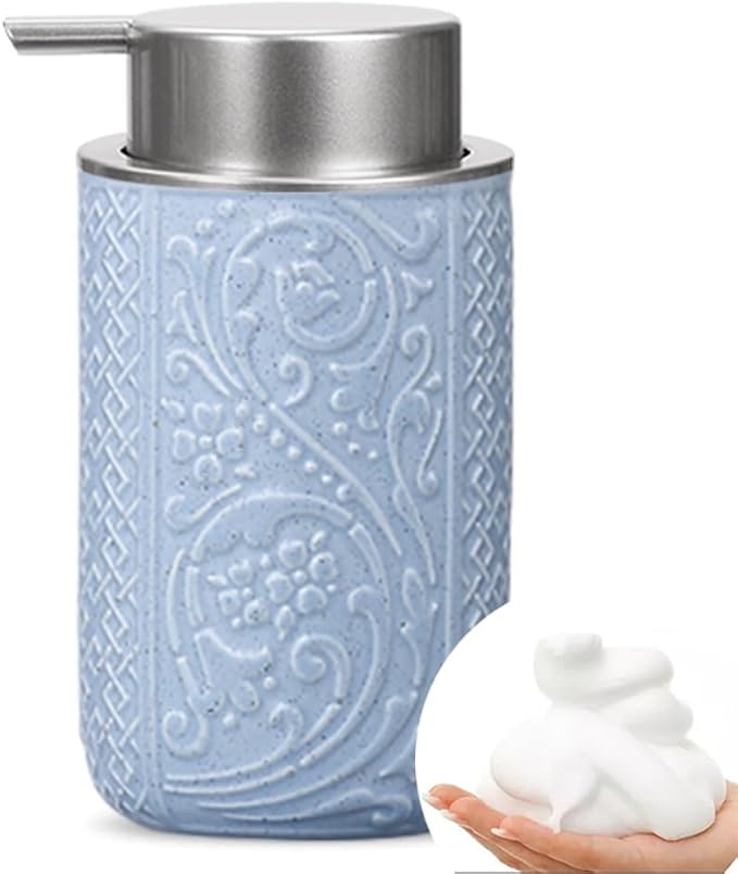 Ceramic Bathroom Foam Soap Dispenser with Silver Pump, Refillable Lotion Dispenser, Blue