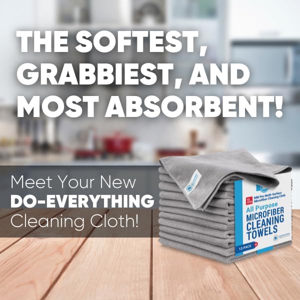 MW Pro Microfiber Cleaning Cloths (12 Pack), Size 16" x 16", All Purpose Microfiber Towels - Clean, Dust, Polish, Scrub, Absorbent (Gray)