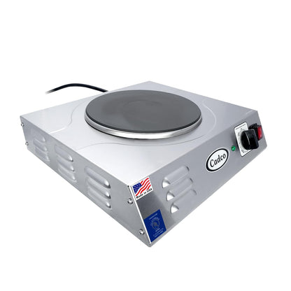 Cadco LKR-220 15-1/2" Electric Portable Countertop Hot Plate, (1) Cast Iron Burner for Restaurant Hotel Food Truck Concession Kiosk, Stainless Steel, 220v