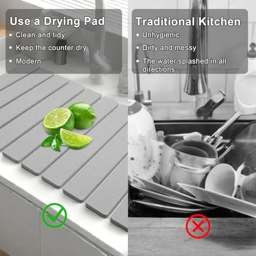 Stone Dish Drying Mats for Kitchen Counter,24×16 IN,Foldable Dish Drying Mat,Equipped Dish Rack，Strong Water Absorption，Diatomaceous Earth Material，Suitable for Plates,Cups and Any Kitchen Utensils