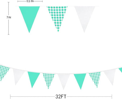 32Ft Aqua Green Plaid Checkered Party Banners Gingham Triangle Pennant Flag Bunting Fabric Garland Streamers for Wedding Birthday Picnic BBQ Bridal Baby Shower Outdoor Garden Festivals Decoration