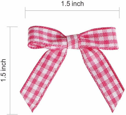 Meseey 100 Pcs 1.5 Inches Premade Craft Bows Self Adhesive Hot Pink and White Plaid Satin Ribbon Bows for Treat Bags Gift Wrapping Basket Wedding Baby Shower Brithday Party(Hot Pink and White Plaid)