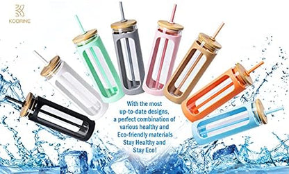 Kodrine 20oz Glass Water Tumbler with Straw and Lid, Bamboo Lids Water Bottle, Iced Coffee Cup Reusable, Wide Mouth Smoothie Cups with Protective Silicone Sleeve BPA FREE-Pink