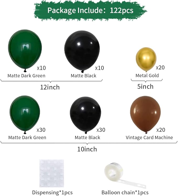 Dark Green Black Gold Brown Balloon Garland Arch Kit, Green Black Balloon Gold, Brown Balloons for Football Birthday Graduation Prom Camo Jungle Safari Baby Shower Party Decorations