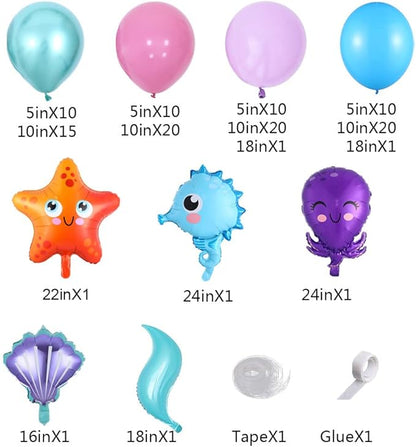Mermaid Balloon Garland Kit, 125pcs Under The Sea Balloons Mermaid Tail Arch Party Supplies with Seahorse Octopus Ocean Animals Balloons for Birthday Party Baby Shower Decorations