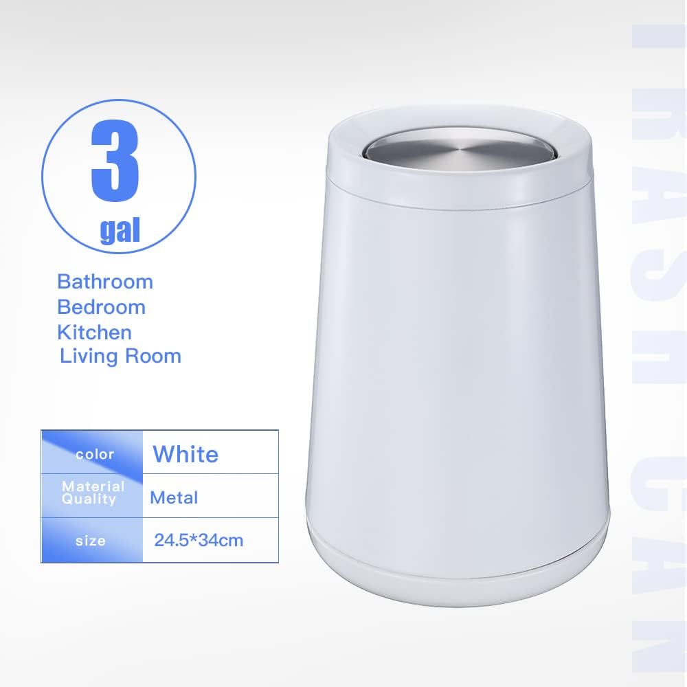 Household Swing White Bathroom Trash Can，Brushed Stainless Steel，10 L/3 Gallen，Garbage Can with Flipping Lid， for Indoor or Commercial Use, Kitchen,Modern，Living Room,Bedroom