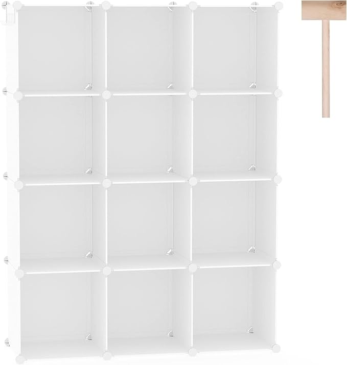 C&AHOME Cube Storage Organizer, 12-Cube Shelves Units, Closet Cabinet, DIY Plastic Modular Book Shelf, Ideal for Bedroom, Living Room, Office, 36.6" L x 12.4" W x 48.4" H Milky UPCS12M