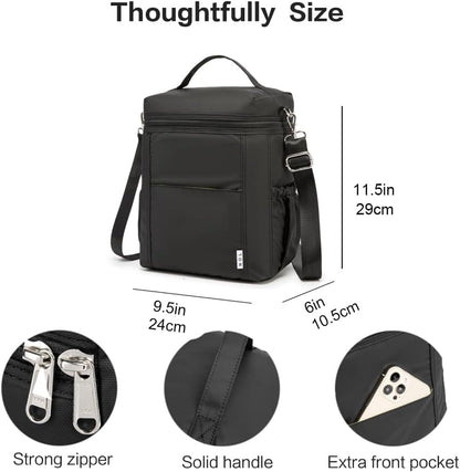 NOL Natural Organic Lifestyle Insulated Lunch Bags for Women Cooler Bag Lightweight Nylon Waterproof Lunch Box For Work (Black, Large)