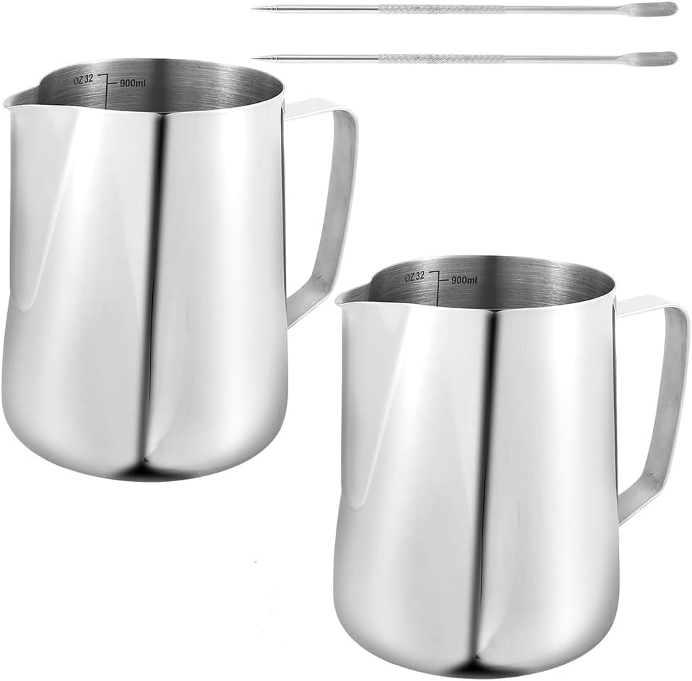 2 Pack Milk Frothing Pitcher 900ml 32oz Steaming Pitchers Stainless Steel Milk/Coffee/Cappuccino/Latte Art Steam Pitchers Milk Jug Cup with Art Pen(2)