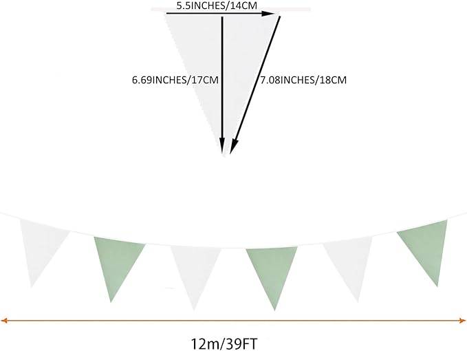 Zwiebeco 39Ft Green White Fabric Bunting Banner Triangle Flags Hanging Cotton Garland Pennant for Spring Tea Party Birthday Wedding Baby Shower Outdoor Garden Decorations 42PCS