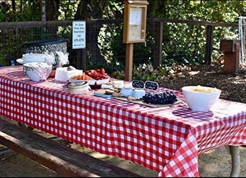 Oojami 12 Pack Red and White Checkered Plastic Tablecloths – 54 x 108 Inch Disposable Gingham Rectangle Table Covers for Picnic, BBQ, Parties, Outdoor Events, Waterproof, Fits 8 Ft Tables
