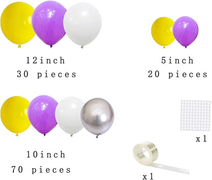 Purple Yellow White Balloon Garland Arch Kit - 122pcs, 12in, 10in, 5in Balloons, Metallic Silver, Basketball Birthday Party Decorations