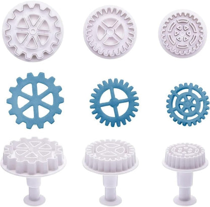 3Pcs White Gear Cookie Cutters, Steampunk Cogs Plunger Mold, 3D Gear Cookie Stamp Mold