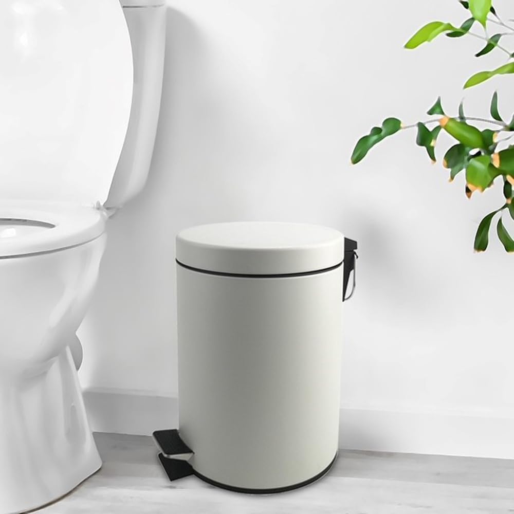 Stainless Steel Small Trash Can with Lid & Step Pedal - 5 Liters/1.3 Gallon Soft Close Waste Basket with Removeable Inner Bucket - Garbage Can for Bathroom, Bedroom, Kitchen & Office (White)