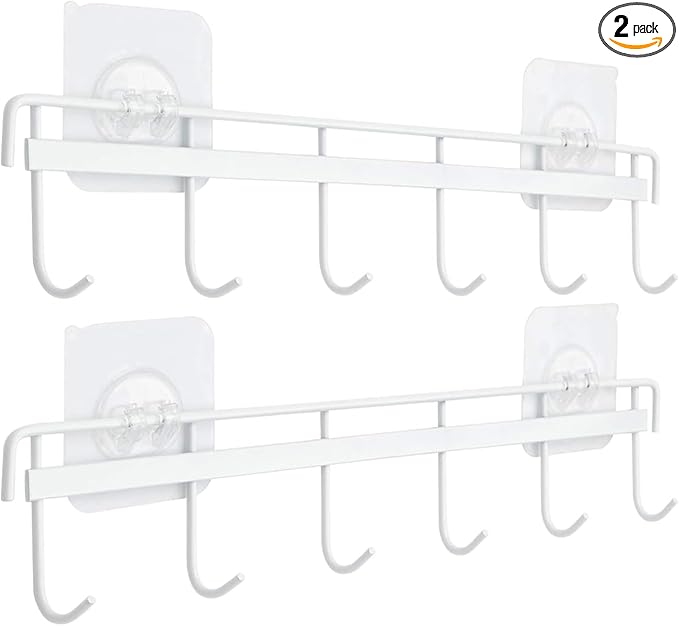 YiZhi Adhesive Wall Hooks Rack Kitchen Rail, Space Saving Utensil Holder No Drilling Wall Mounted Accessory Hanger with 6 Hooks for Kitchen Bathroom Bedroom Pack of 2 (White)